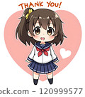 一個可愛的女孩微笑著說「謝謝」。 120999577