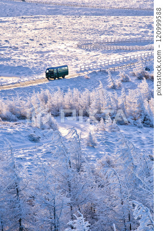 A bus moving through snowy fields and frost sparkling in the morning sun 120999588
