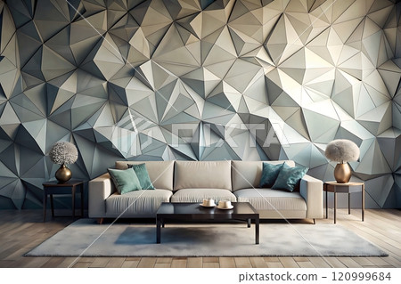 Gray and taupe art piece with sleek beige seating in the room. 120999684