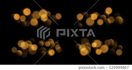 Golden bokeh set, blurred background with sparkling lights, blurry glitter effect. 120999867