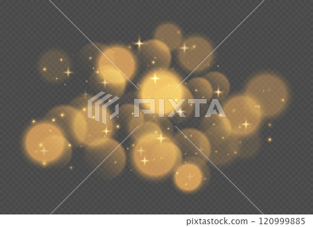 Golden bokeh with stars and sparkles, shiny overlay decoration isolated on grey background. 120999885