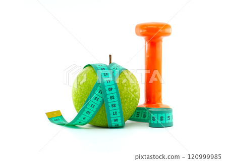 Healthy Living Concept With Apple and Dumbbell Isolated on White 120999985