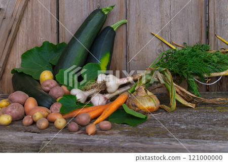 Freshly harvested healthy farm vegetables on rustic table 121000000