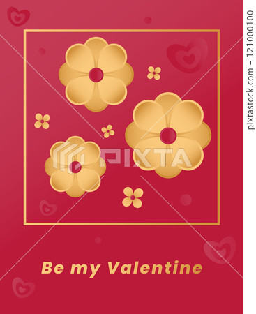 Background with romantic Valentine's Day symbols: hearts, flowers and the inscription Be my Valentine. Vector illustration in flat style. Bright red and gold colors are perfect for festive decoration. 121000100