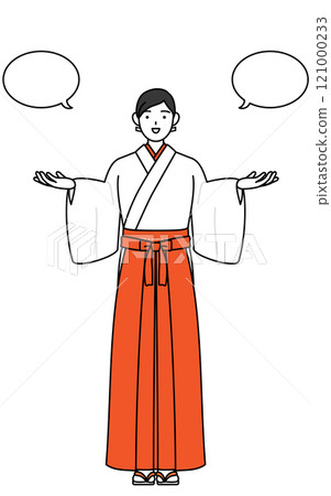 Shrine maiden comparing white robes and scarlet hakama, with speech bubble 121000233