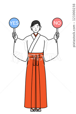 身著白袍、身穿猩紅色袴的巫女，手持棍子指示正確與錯誤的答案。 121000238