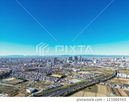 "Saitama Prefecture" Drone captures clear skies and Minuma rice fields from above Saitama New Urban Center, Mt. Fuji 121000343