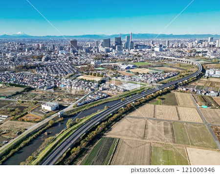 "Saitama Prefecture" Drone captures clear skies and Minuma rice fields from above Saitama New Urban Center, Mt. Fuji 121000346