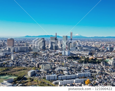 "Saitama Prefecture" Drone captures clear skies and Minuma rice fields from above Saitama New Urban Center, Mt. Fuji 121000422
