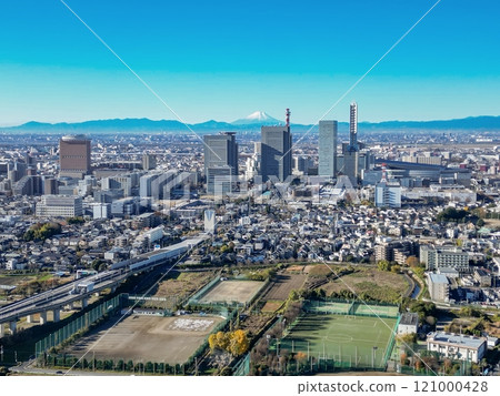 "Saitama Prefecture" Drone captures clear skies and Minuma rice fields from above Saitama New Urban Center, Mt. Fuji 121000428