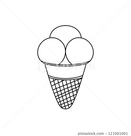 A black and white drawing of an ice cream cone with three scoops of ice cream A black and white drawing of an ice cream cone with three scoops of ice cream 121001001
