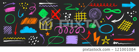 Arrow brush line color paint element shape set. Crayon abstract doodle color circle, arrow sketch hand drawn. Texture crayon brush sketch style shape background. Vector Arrow brush line color paint element shape set. Crayon abstract doodle color circle, arrow sketch hand drawn. Texture crayon brush sketch style shape background. Vector 121001084