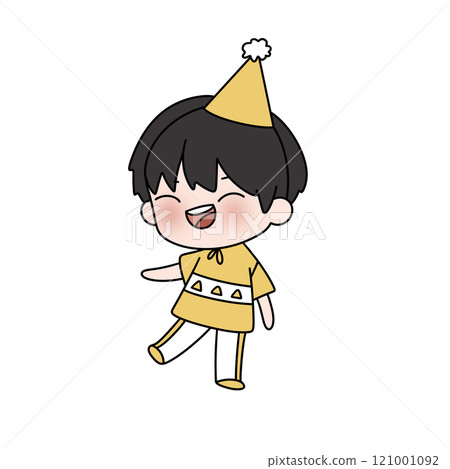 A cartoon character wearing a yellow shirt and hat is smiling 121001092