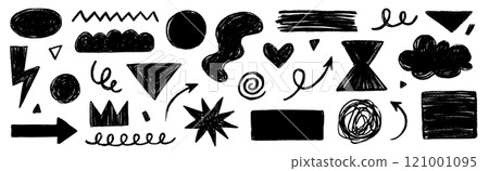 Pencil crayon brush line stroke. Brush crayon pencil chalk texture effect doodle shape. Vector hand drawn marker stroke background set of abstract design graphic figure. Vector 121001095