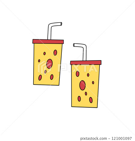 Two cartoonish yellow cups with straws in them 121001097