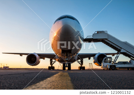Front view of white wide body passenger airplane with a boarding stairs at the airport apron in the evening sun Front view of white wide body passenger airplane with a boarding stairs at the airport apron in the evening sun 121001132