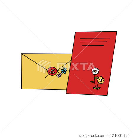 A red envelope with a flower sticker on it sits next to a yellow envelope 121001191