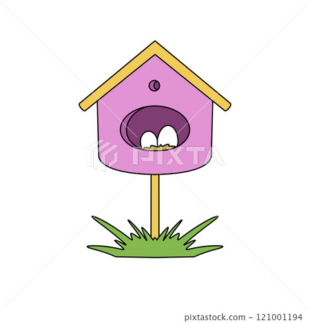 A pink birdhouse with a yellow roof 121001194