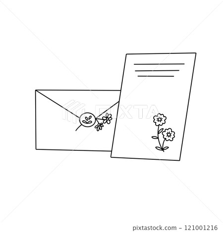 A white envelope with a flower design on it sits next to a white card with a flo 121001216