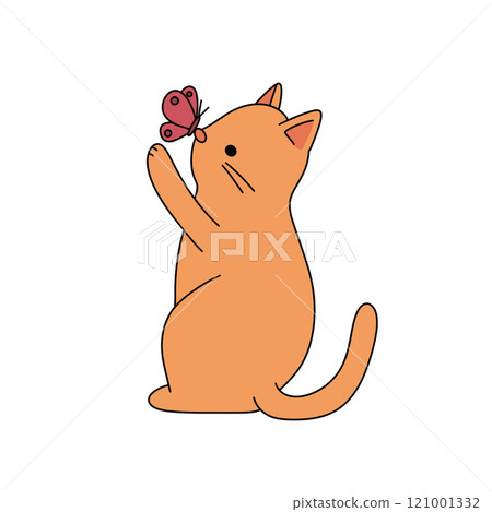 A cartoon cat is holding a butterfly in its mouth 121001332