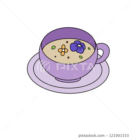 A purple cup with flowers on it sits on a white plate 121001333