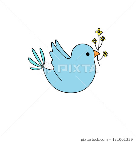 A blue bird with yellow flowers in its beak 121001339