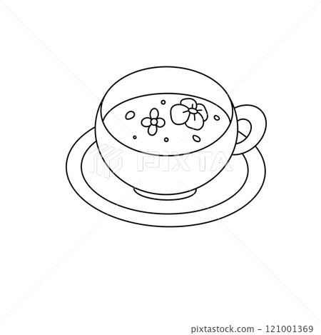 A cup with flowers in it sits on a plate 121001369