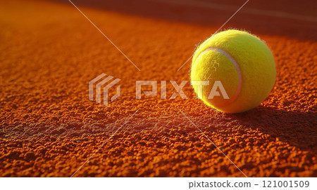 Single Tennis Ball on the Court Surface, Signifying the Tension Before the First Serve 121001509