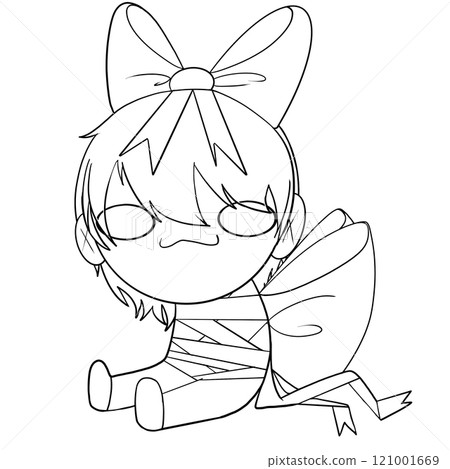 A girl with a bow on her head is sitting on the ground 121001669
