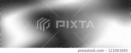Black concentric circle texture. Radial geometric pattern background. Linear epicenter, target, radar concept. Round ripple halftone ring wallpaper for brochure, template, poster, overlay. Vector 121001695