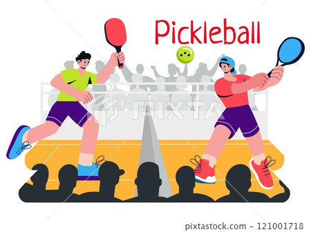 Pickleball Game Sport Illustration featuring Pickleball Players with Rackets, Paddles, and a Court for Sports Activities and Matches in a Background 121001718