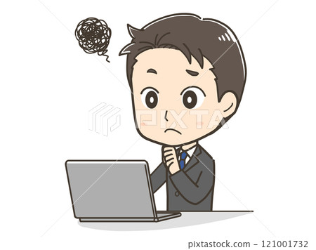Illustration of a businessman worried in front of a personal computer 121001732