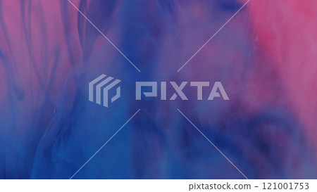 Fluid splash. Vapor cloud. Blue pink color paint sparkling flow ink magical smoke on glitter dust texture on abstract art light background. 121001753