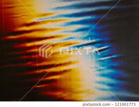 Color distortion. Old film texture. Retro overlay. Orange white blue light flare dust scratches grain noise texture creased wrinkled worn foil illustration art abstract background. Color distortion. Old film texture. Retro overlay. Orange white blue light flare dust scratches grain noise texture creased wrinkled worn foil illustration art abstract background. 121001773