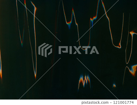 Glitch noise overlay. Distortion artifacts. Dust scratch texture. White orange blue color light flare rgb split wave distressed display dark illustration art abstract background. 121001774