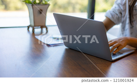 Business woman working from home using laptop online meeting in home office, Closeup image of a woman working and typing on laptop computer keyboard on the table. 121001924