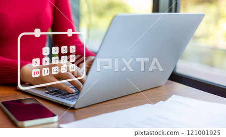 Business woman show dates on virtual calendar, Managing his business schedule, Setting reminders for important appointments, creative collage for planning ideas, Appointment scheduler. 121001925