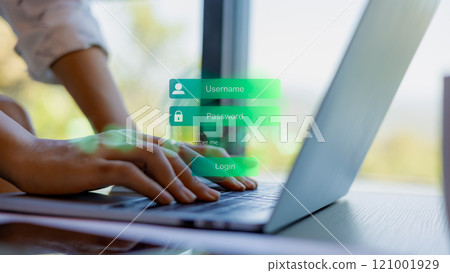 Business woman type a text at login window, Cybersecurity concept Global network security technology, Secure access to user personal information, Secure Internet access, Cybersecurity. Business woman type a text at login window, Cybersecurity concept Global network security technology, Secure access to user personal information, Secure Internet access, Cybersecurity. 121001929