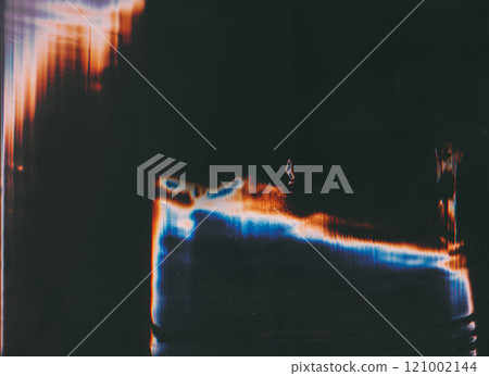 Broken screen overlay. Distortion glitch. Color noise. Blue orange white light flare artifacts dust scratch display damage effect dark illustration art abstract background. 121002144