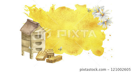 Eco beekeeping farm label template on yellow watercolor splash with beehive,honeycomb slices and chamomile flowers illustration. Hand drawn honey product packing, cafe menu, poster design 121002605
