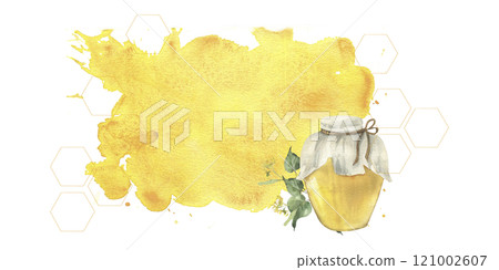 Organic honey product packing banner on watercolor yellow splash with honey jar decorated with green linden branches. Hand drawn illustration for eco farm product packing,label, logo design.Spa poster Organic honey product packing banner on watercolor yellow splash with honey jar decorated with green linden branches. Hand drawn illustration for eco farm product packing,label, logo design.Spa poster 121002607