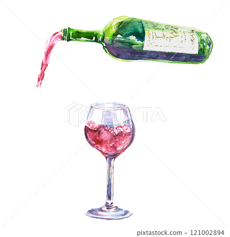 水彩畫紅酒和玻璃的插圖 121002894