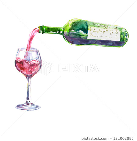 Watercolor illustration of red wine being poured into a glass 121002895