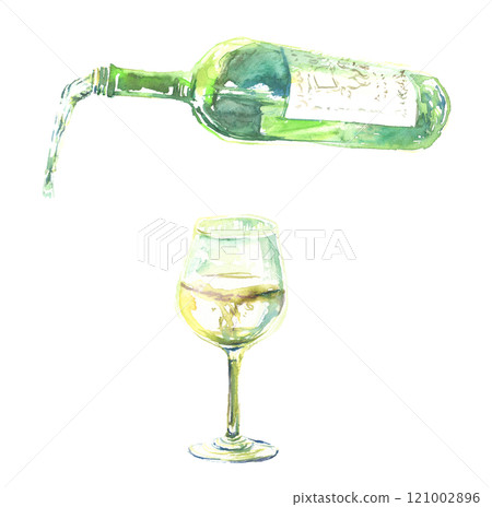Watercolor illustration of white wine and a glass 121002896
