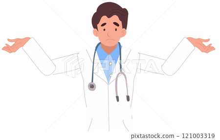 Confused Male Medical Professional Gesturing Puzzled and Unsure Emotions 121003319