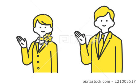 Man and woman in formal suits pointing with hand, two colors Man and woman in formal suits pointing with hand, two colors 121003517