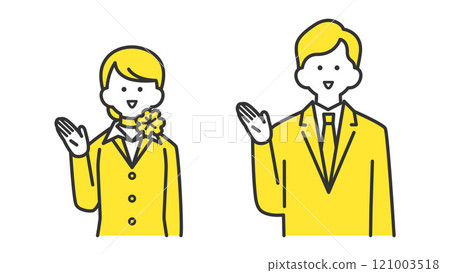 Man and woman in formal suits pointing with hand, two colors 121003518