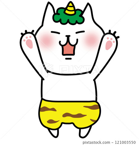 A white cat dressed as a threatening one-horned demon 121003550