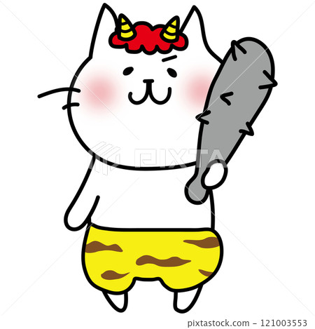 A white cat dressed as a two-horned demon holding a metal club. A white cat dressed as a two-horned demon holding a metal club. 121003553