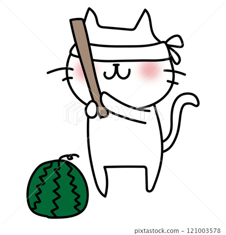White cat splitting a watermelon White cat splitting a watermelon 121003578